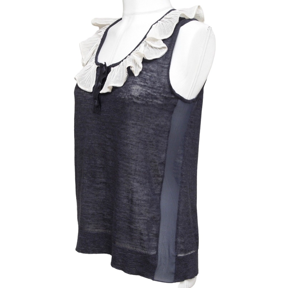 CHLOE Sleeveless Top Shirt Sleeveless Navy Ivory Ruffle Henley XS 2007 - Picture 3 of 9